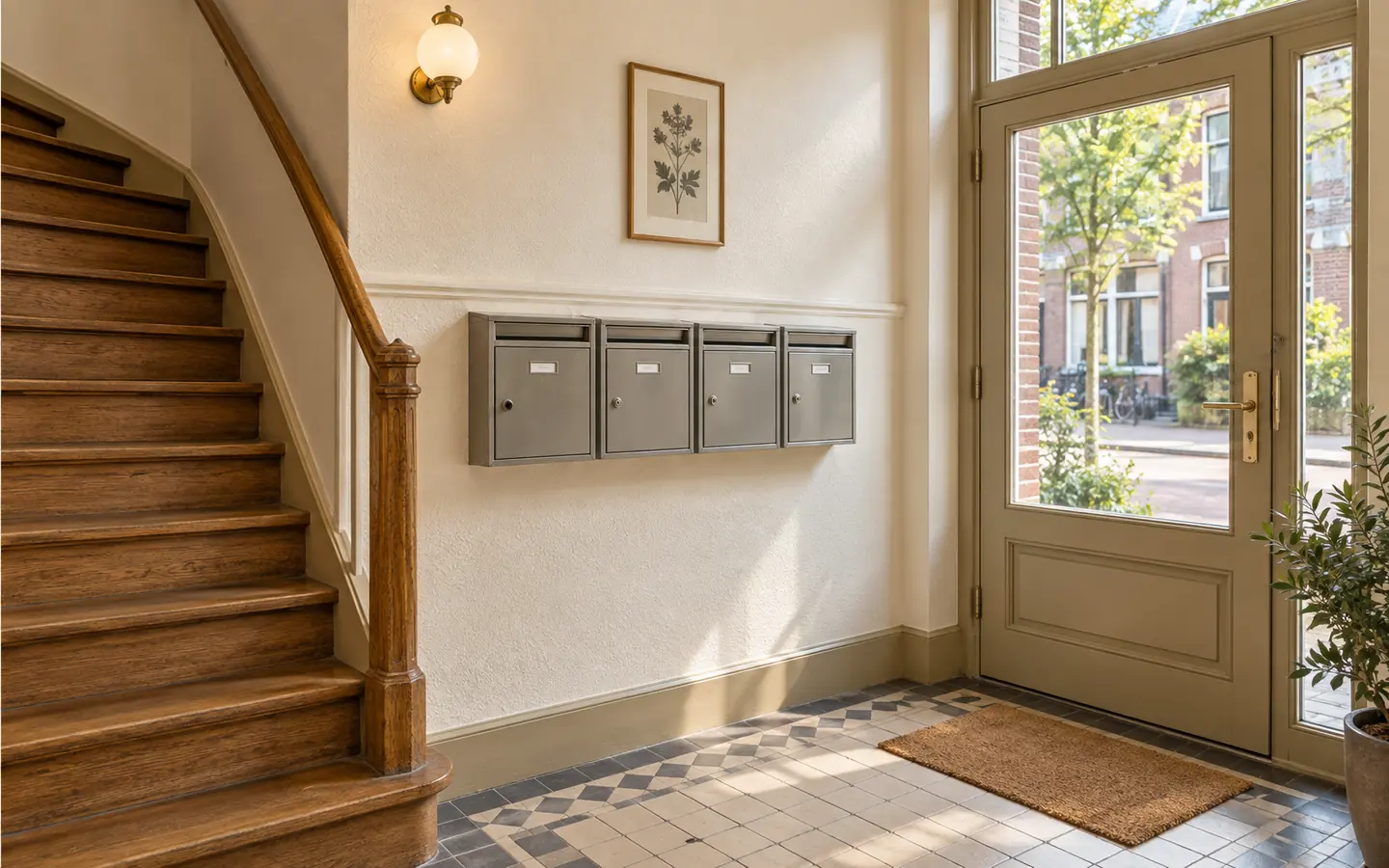 Vier brievenbussen aan de muur bij de trap in de hal van een opgedeeld Nederlands pand